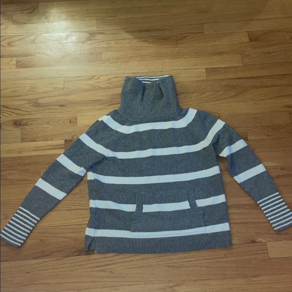 LOFT Gray and White Striped Turtleneck Sweater
